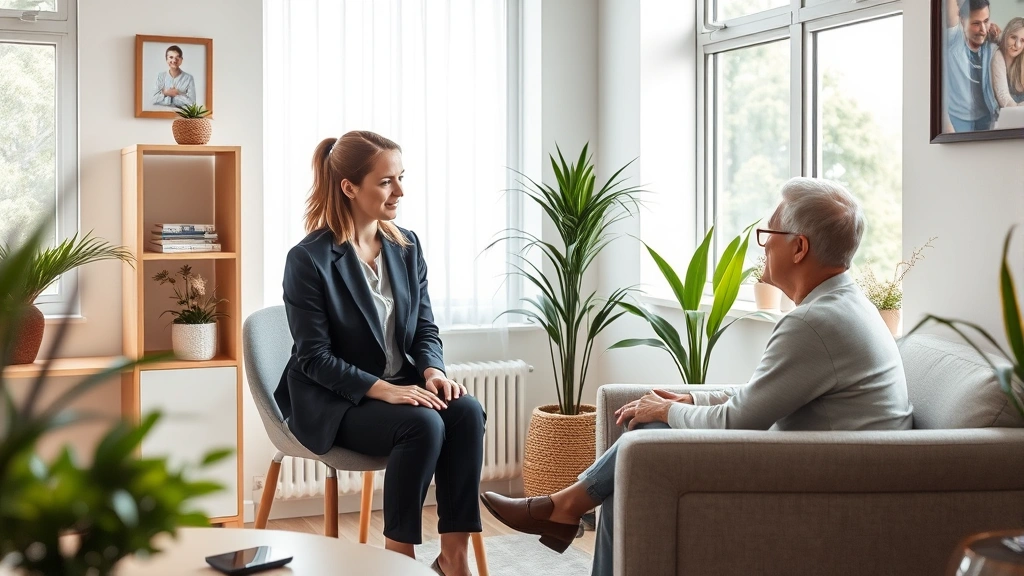Professional counselor in calming office space having supportive conversation with adult patient, natural window light, comfortable seating, plants, peaceful atmosphere