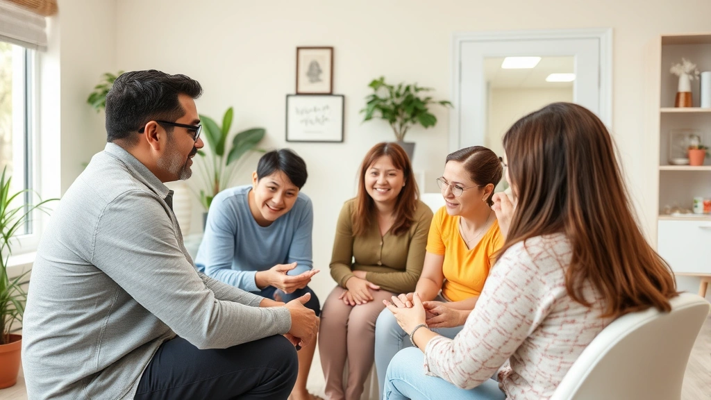 Multi-generational family in wellness coaching session, discussing healthy lifestyle choices, bright clinic space, engaged participants of different ages, supportive atmosphere