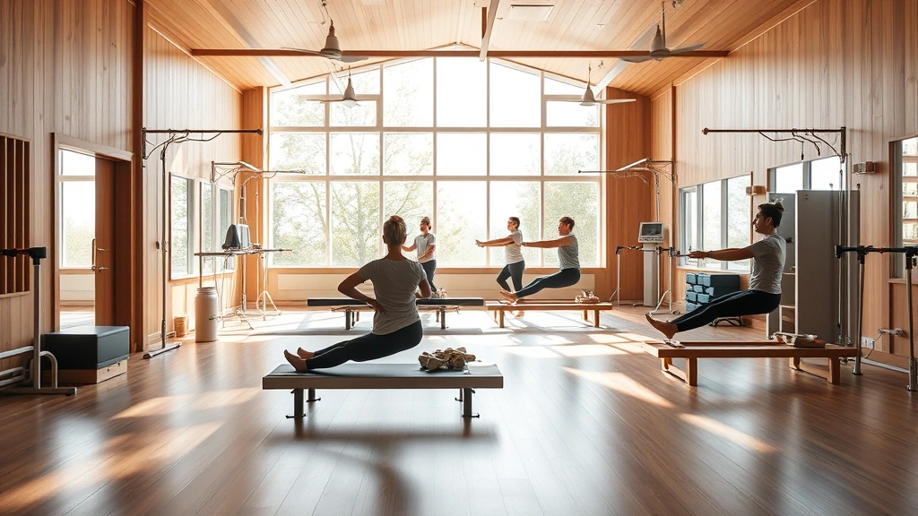 Bright, modern physical therapy gymnasium with wooden flooring, large windows, patients using parallel bars and exercise equipment, natural light streaming in, therapeutic and hopeful atmosphere