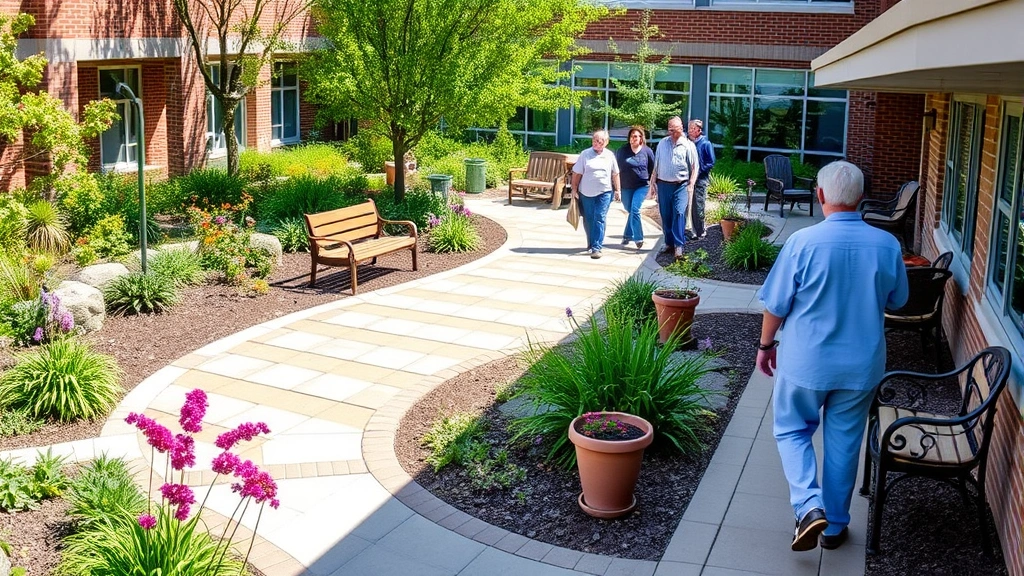 Outdoor garden courtyard with accessible pathways, flowering plants, comfortable seating areas, patients and staff walking together, natural sunlight, serene therapeutic landscape environment