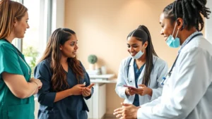 Professional diverse medical team in modern clinic examining patient with warmth and attentiveness, natural lighting, healthcare setting
