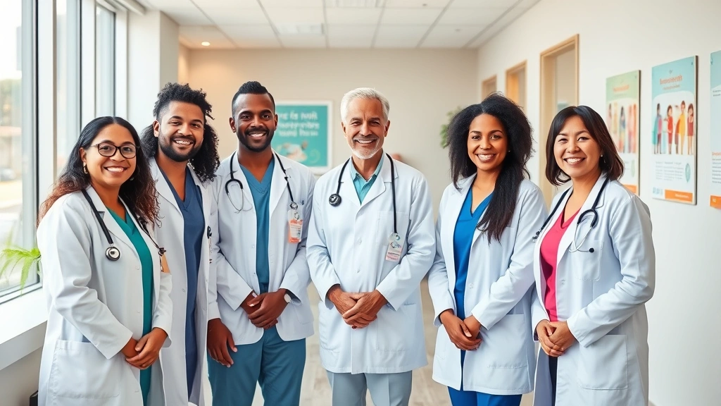 Diverse healthcare team of doctors, nurses, and care coordinators smiling warmly in a modern clinic reception area with welcoming natural lighting and community health posters on walls