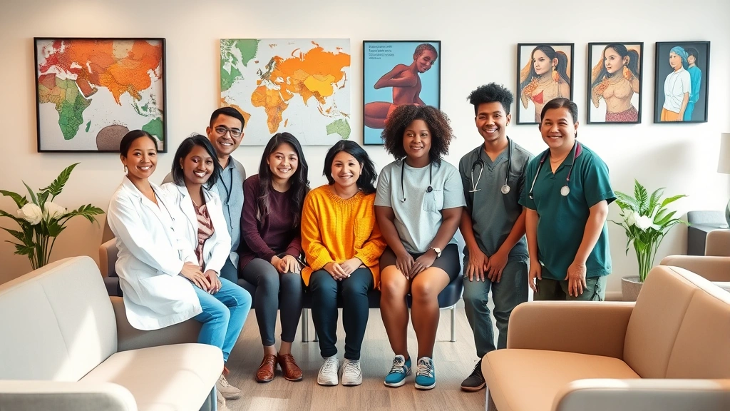 Diverse patients and healthcare workers smiling together in a modern, welcoming clinic waiting room with natural light, warm colors, comfortable seating, and diverse artwork representing community culture