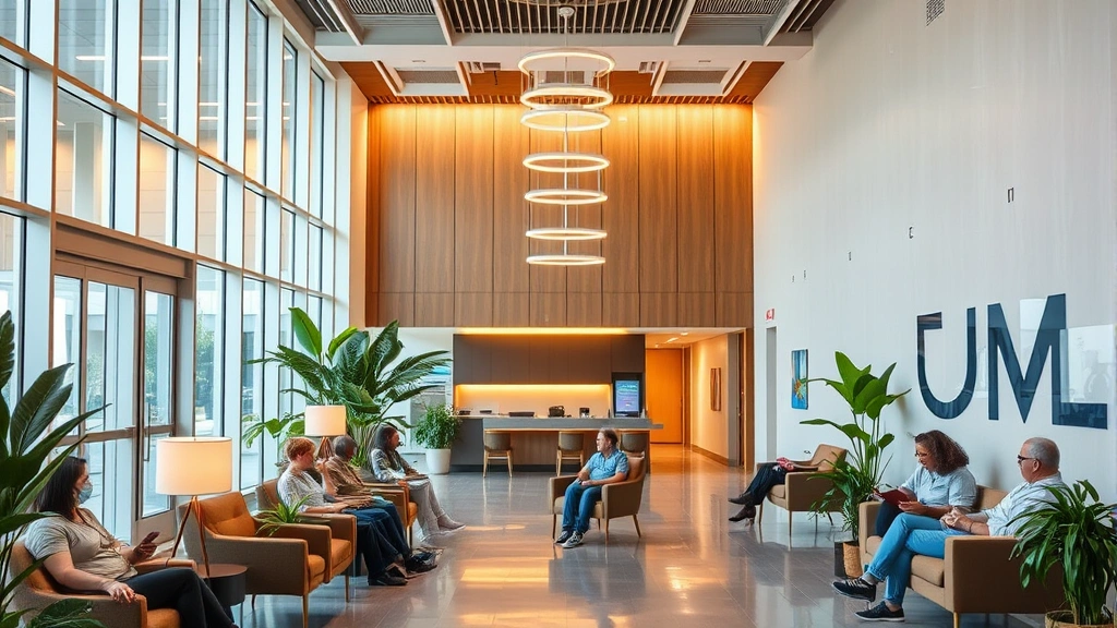 Modern healthcare facility interior with welcoming reception area, warm lighting, diverse patients in comfortable seating, plants and natural elements creating calming atmosphere
