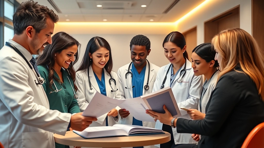 Diverse group of healthcare professionals including doctors, nurses, and counselors collaborating in a modern clinic setting with warm lighting and welcoming atmosphere, professional attire, reviewing patient charts together