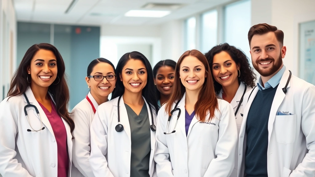 Diverse medical team in modern clinic wearing white coats, smiling warmly with stethoscopes, professional healthcare setting with natural lighting and welcoming atmosphere