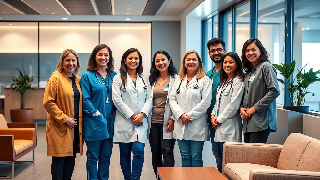 Diverse healthcare team smiling together in modern clinic waiting room with warm lighting, comfortable seating, and welcoming atmosphere for community patients