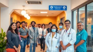 Diverse group of healthcare workers and patients in a modern, welcoming community health clinic reception area with warm lighting and inclusive signage