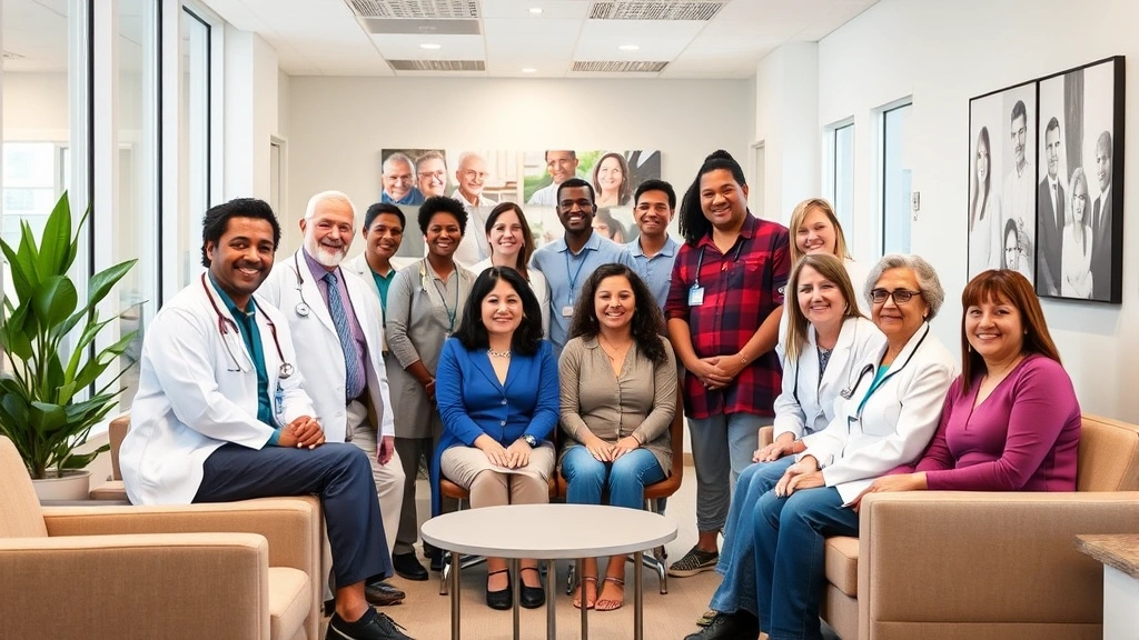Diverse group of patients and healthcare providers in a modern, welcoming medical clinic reception area with natural lighting, comfortable seating, and inclusive imagery representing multiple ethnicities and ages