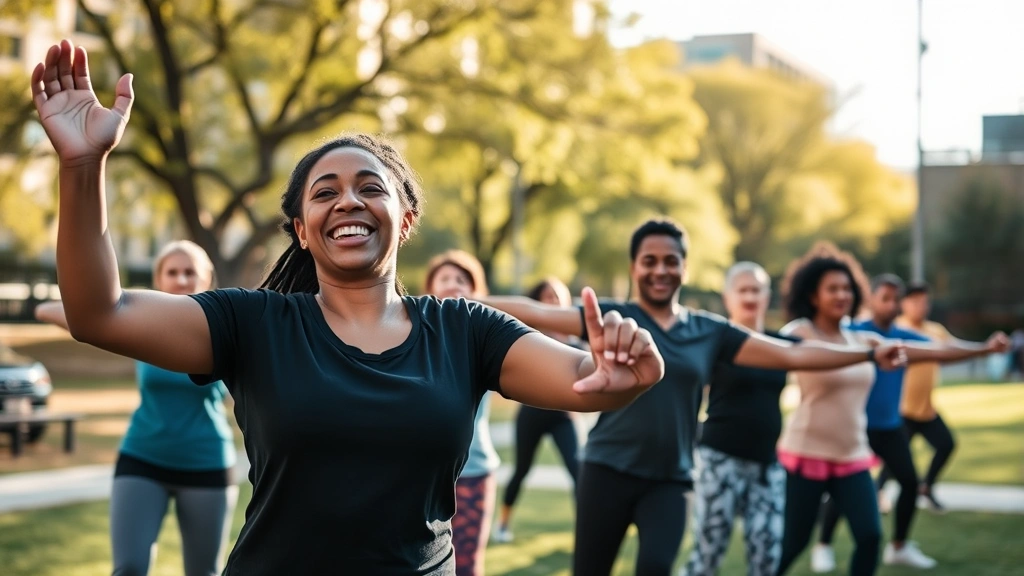 Diverse Northside residents participating in outdoor community fitness class in urban park setting, smiling faces, morning sunlight, wellness atmosphere