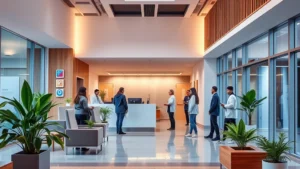 Modern healthcare facility reception area with welcoming, warm lighting, diverse staff greeting patients, comfortable seating with plants, natural wood accents, professional yet inviting atmosphere