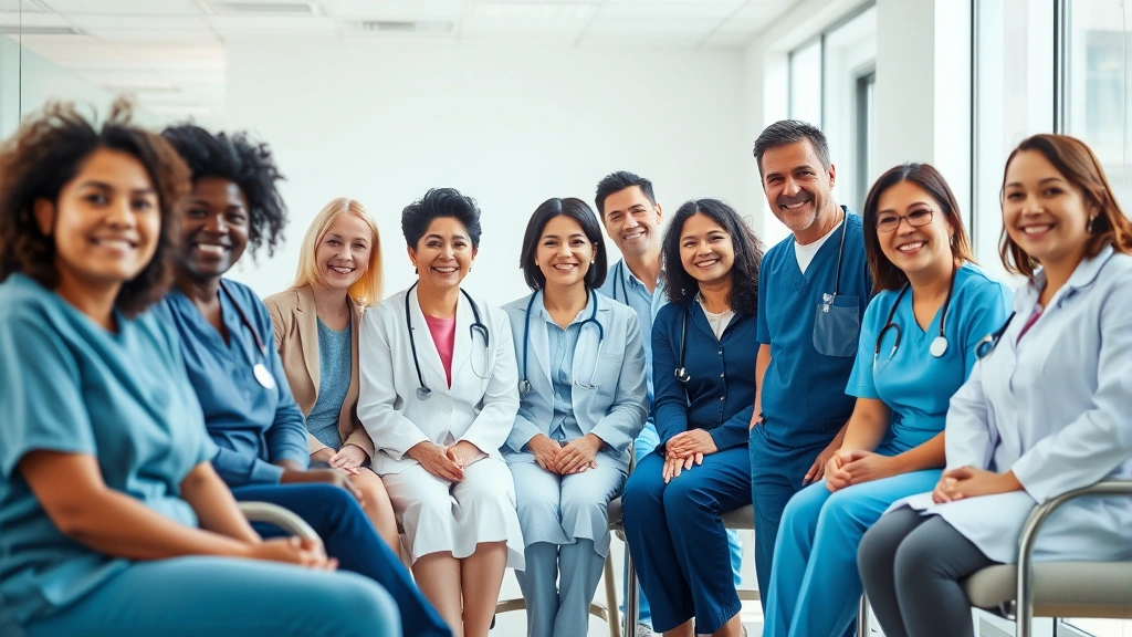Diverse group of smiling patients and healthcare providers in bright, welcoming medical clinic waiting area with comfortable seating and natural lighting, representing inclusive community healthcare
