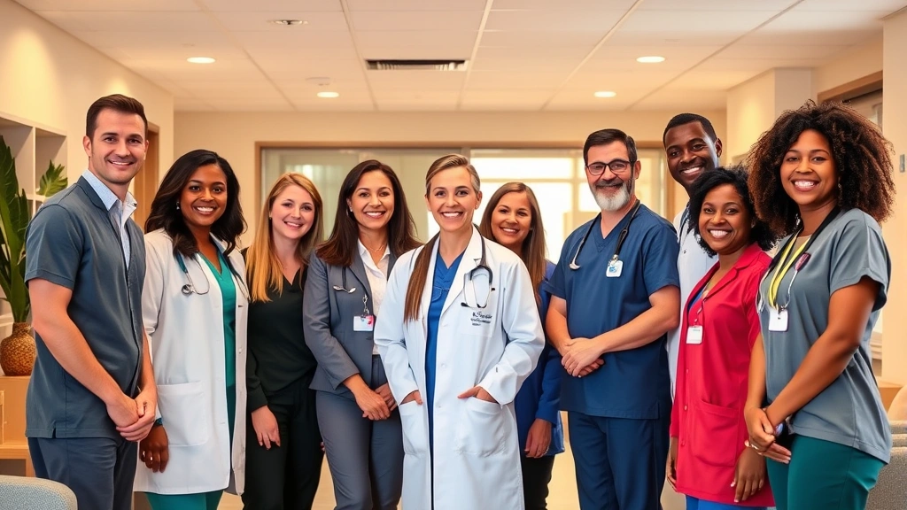 Diverse healthcare team in modern community clinic setting, smiling medical professionals including doctors, nurses, and counselors in contemporary uniforms, welcoming patient-centered environment with warm lighting and comfortable seating areas