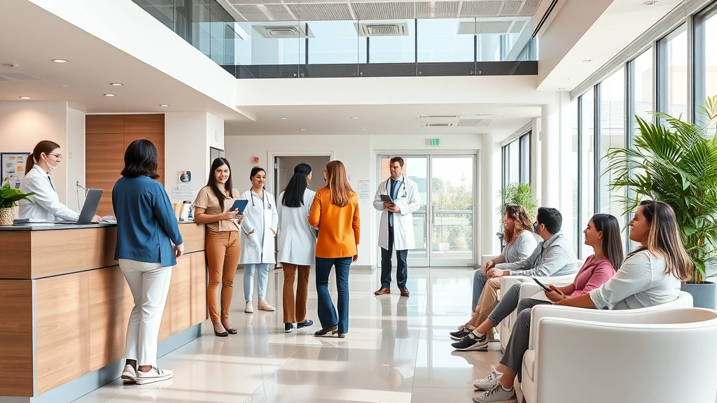 Modern healthcare facility interior with clean reception area, professional medical staff greeting diverse patients, warm welcoming atmosphere with comfortable seating and natural lighting
