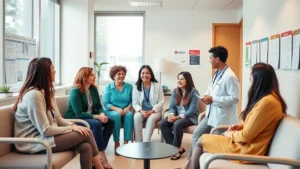 Diverse patients and healthcare professionals collaborating in a modern, welcoming clinic waiting room with natural lighting, comfortable seating, and multilingual health education materials visible on walls