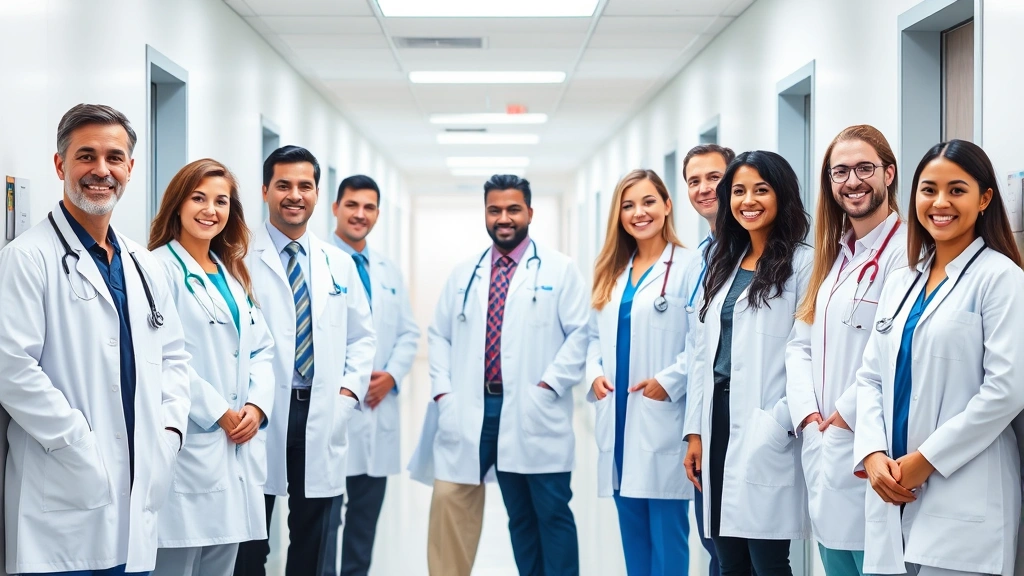 Modern diverse medical team in white coats smiling in bright clinic hallway with welcoming atmosphere, professional healthcare workers
