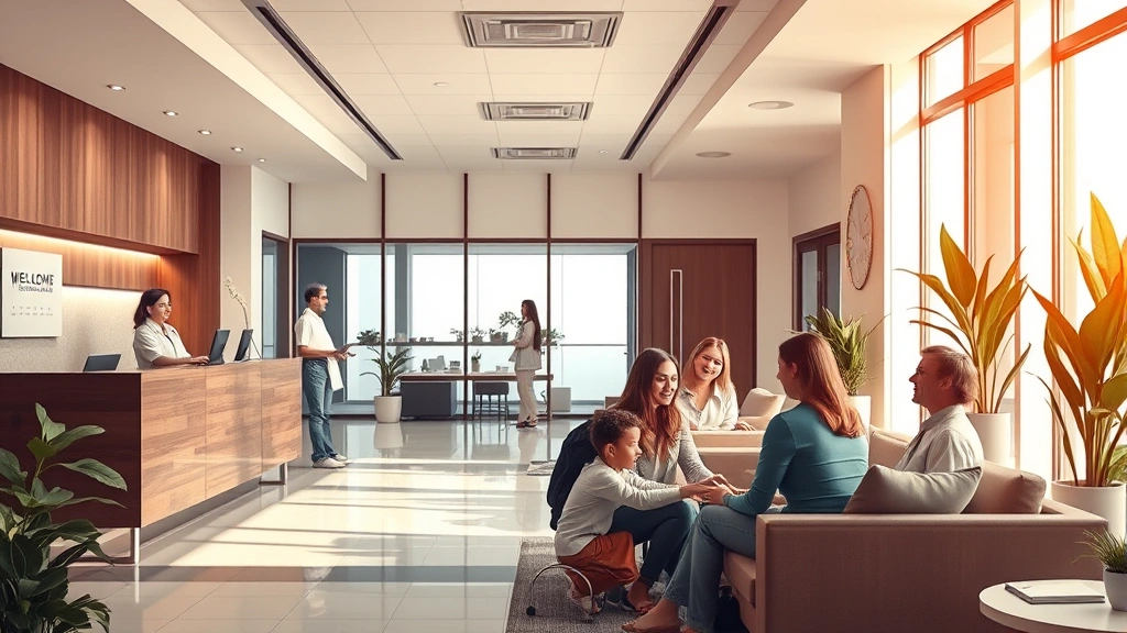 Modern medical clinic reception area with warm lighting, welcoming staff at desk, diverse patients in comfortable waiting room with natural elements, bright and healing environment