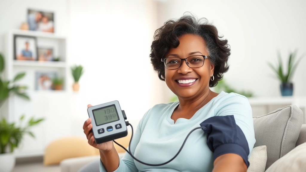 Middle-aged woman of color measuring her blood pressure at home with a digital monitor, smiling confidently, sitting in a bright living room with family photos and plants