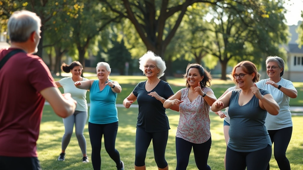 Community health worker conducting outdoor fitness class with diverse group of adults exercising in neighborhood park, trees visible, genuine joy and engagement on participants' faces, morning sunshine