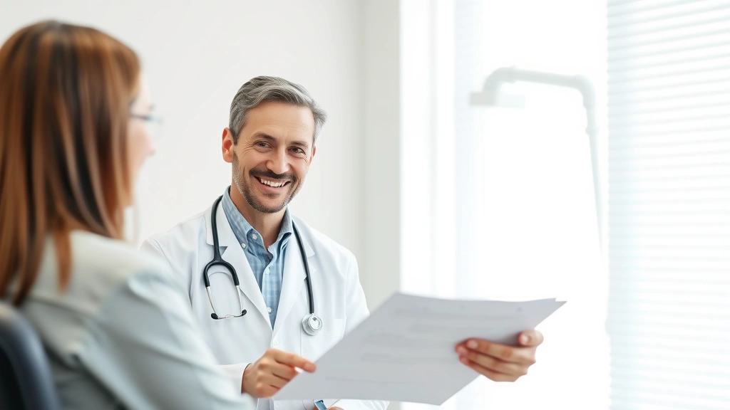 Female doctor in white coat smiling warmly while reviewing health information with middle-aged male patient in bright clinical examination room