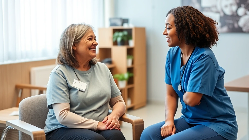 Patient receiving compassionate care from female nurse, both smiling, modern medical office with comfortable seating, warm tones, trust and comfort evident in interaction