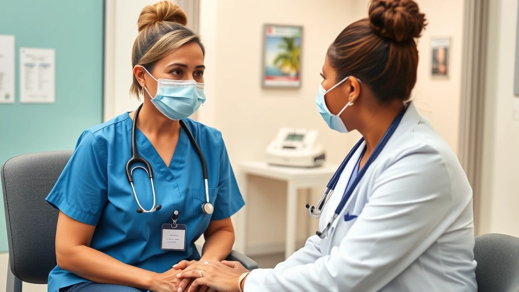 Woman of color receiving preventive health screening with caring nurse, bright clinic environment, trust-based interaction showing quality patient care