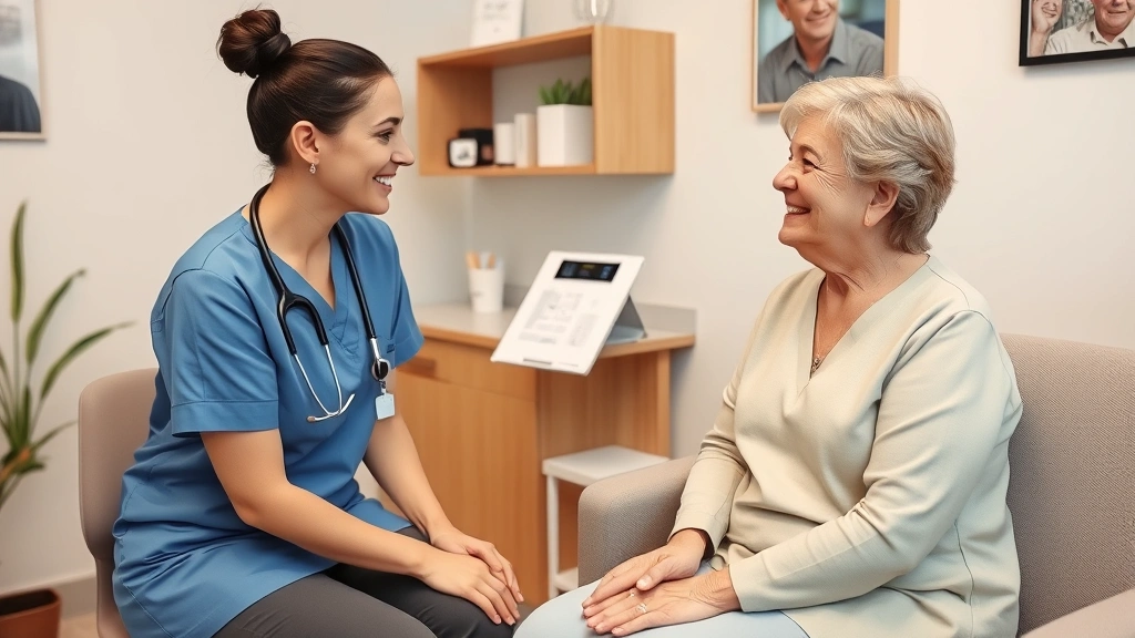 Nurse practitioner conducting preventative health screening with patient in comfortable clinic examination room, both smiling and engaged
