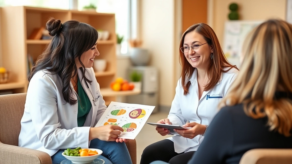 Registered dietitian conducting a nutrition counseling session with a patient reviewing colorful meal plans and healthy food samples in a bright wellness education room