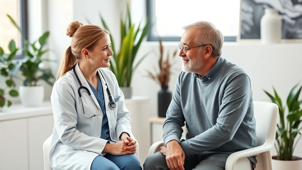 Female doctor having warm conversation with middle-aged male patient during consultation, showing attentive listening and compassionate care in modern medical office with plants and natural light