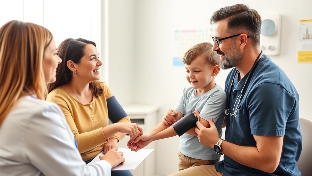 Family of three during preventive care wellness visit, parent and children with healthcare provider in bright examination room, blood pressure cuff and health charts visible, genuine interaction showing trust and comfort during medical consultation