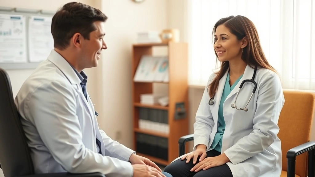 Patient consultation room with compassionate female doctor listening to male patient, warm lighting, comfortable seating, medical charts visible