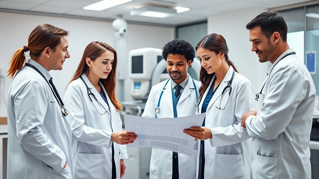 Healthcare professionals in white coats collaborating around patient chart, diverse medical team discussing treatment plan, modern clinic interior with advanced medical equipment visible