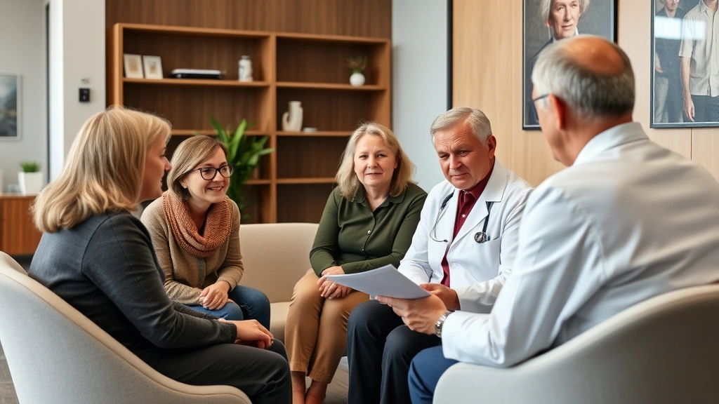 Multi-generational family in healthcare consultation room with doctor reviewing wellness plan, collaborative discussion, modern medical office