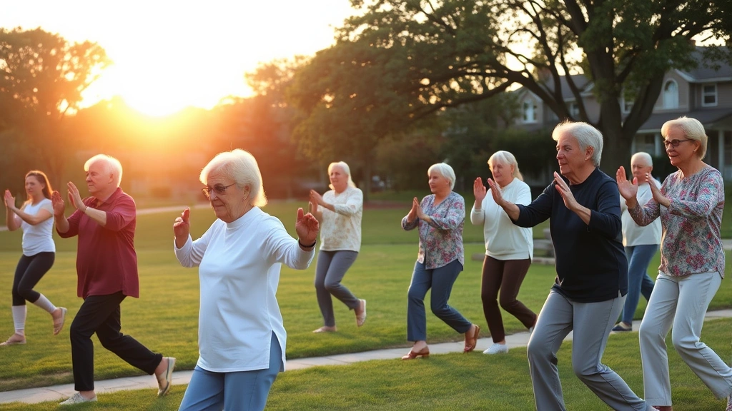 Group of community members of various ages exercising together in a neighborhood park during golden hour, doing tai chi or gentle movement, trees and green space in background