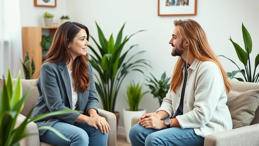 Mental health counselor having compassionate conversation with patient in private, comfortable therapy office with plants, soft lighting, tissues, and trust evident in both individuals' body language