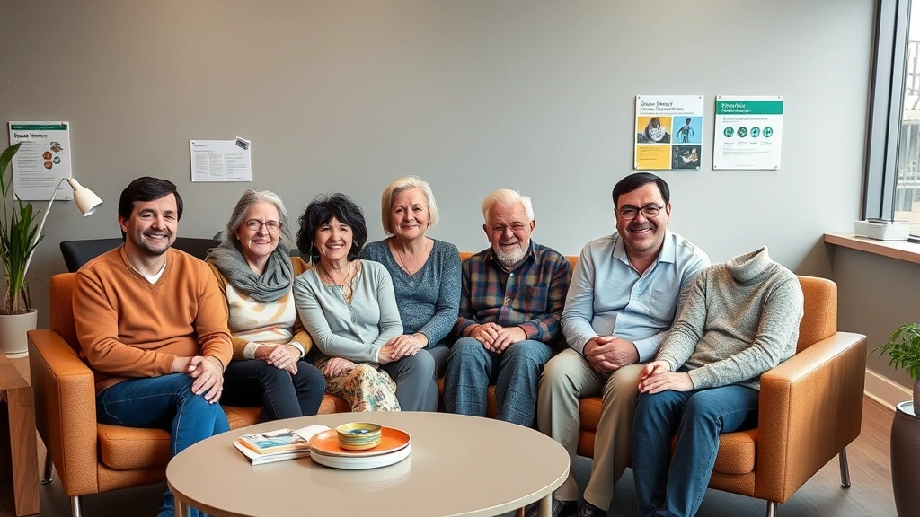 Family of multiple generations in comfortable clinical waiting room with warm decor, diverse representation, people looking relaxed and engaged with health education materials on walls, modern furniture