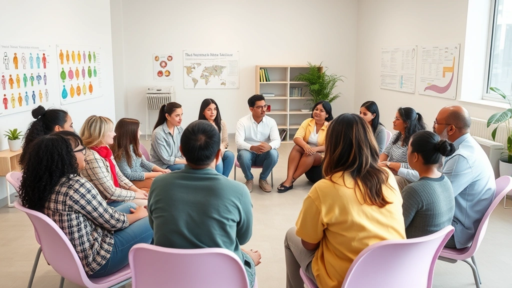 Community health education workshop with diverse group of people learning about wellness, sitting in circle formation, bright modern space with health charts on walls, engaged participants