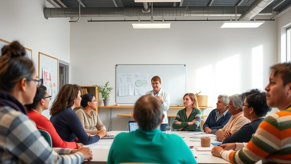 Community health educator leading wellness workshop with diverse residents in bright, modern classroom space with health educational materials visible