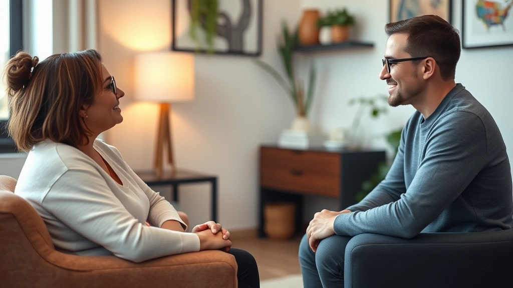 Mental health therapist and patient in a comfortable counseling office with calming decor, warm lighting, and trust-building conversation during a behavioral health session