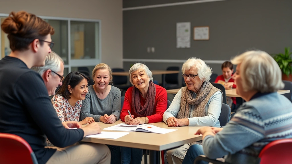 Multi-generational family sitting together in community health center wellness education workshop, learning about preventive health with engaged instructor in inclusive, accessible classroom setting