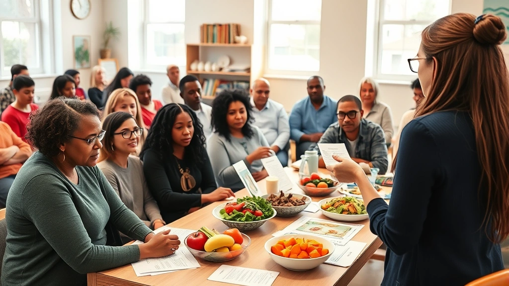 Community health workshop in session with diverse group of adults learning about nutrition and wellness, registered dietitian presenting at front with colorful food models and healthy recipe handouts, engaged participants taking notes in bright community space
