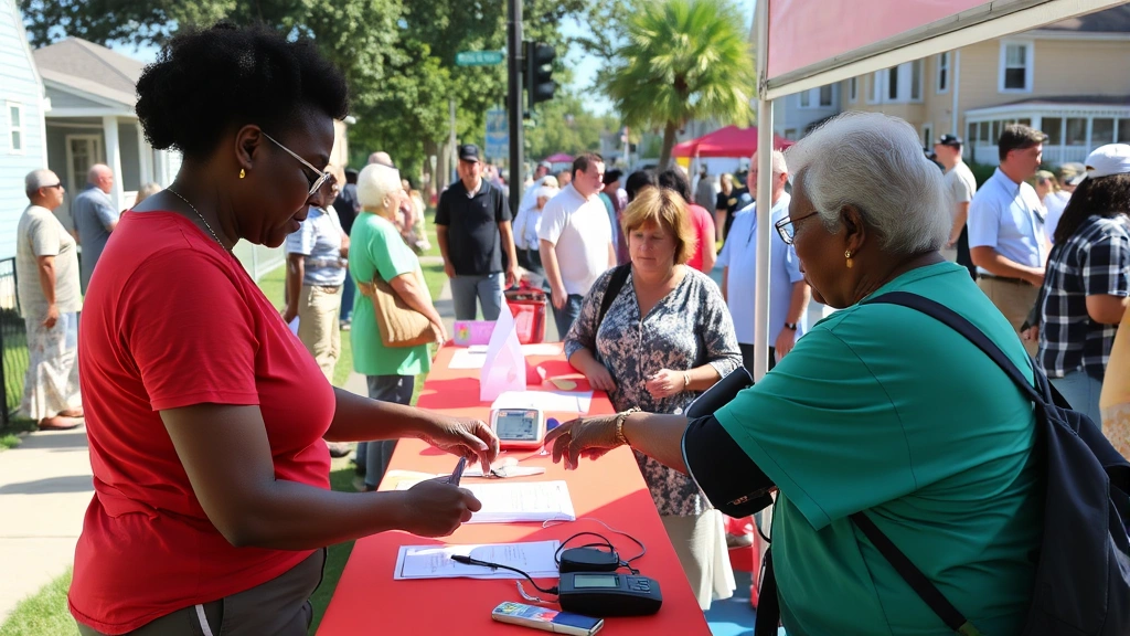 Community health fair outdoors with residents getting blood pressure checked at colorful booth, sunny neighborhood setting, diverse participants