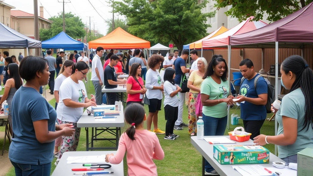 Community health fair outdoors with multiple wellness stations, people of all ages participating in fitness demonstrations and health screenings, diverse neighborhood setting with colorful tents