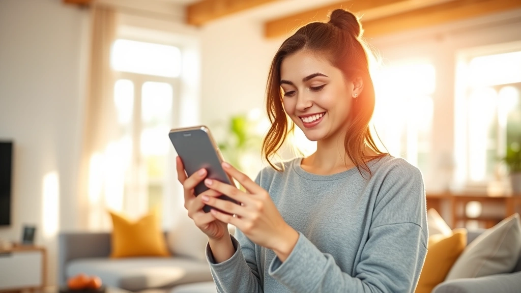 Millennial woman holding smartphone in bright modern living room, smiling while reviewing health app, natural sunlight streaming through windows, wellness lifestyle setting