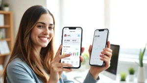 Millennial woman smiling at smartphone showing medical app dashboard with appointment calendar and health metrics, bright modern home office background, natural window lighting