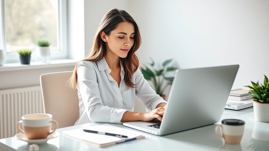 Young professional woman sitting at modern desk with laptop, checking healthcare portal on screen, bright natural light from window, organized workspace with coffee cup, calm focused expression, contemporary home office setting, morning routine atmosphere