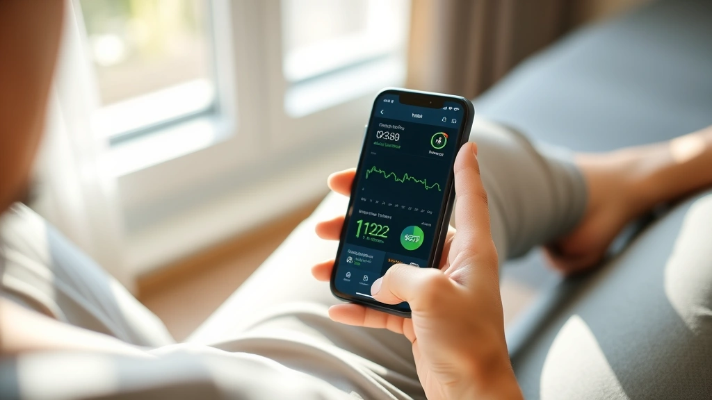 Person using smartphone to check health metrics on medical app, sitting on couch with fitness tracker visible, morning sunlight through window, wellness lifestyle aesthetic
