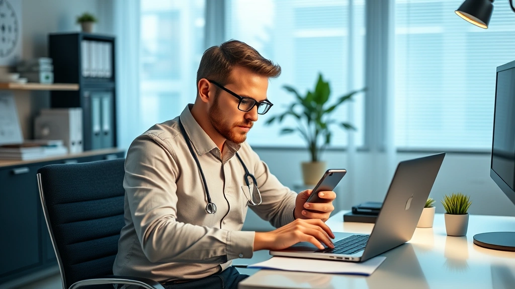 Professional man in business casual attire sitting at desk with laptop and smartphone, accessing medical records online, organized home office environment, modern technology focus