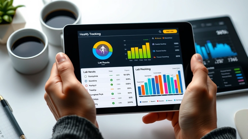Close-up of hands holding tablet displaying colorful health tracking graphs and lab results, minimalist desk setup with coffee cup, professional lifestyle photography