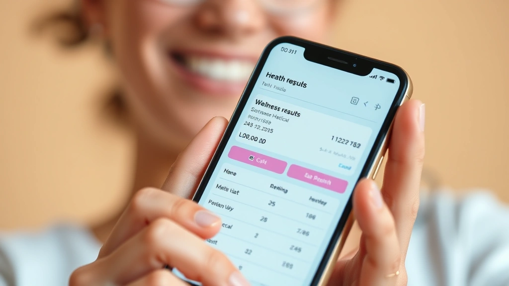 Close-up of smartphone displaying medical test results and lab values, hands holding phone with glasses nearby, warm neutral background, clear readable interface showing wellness metrics, person reviewing health data, natural lighting on face showing relief and understanding
